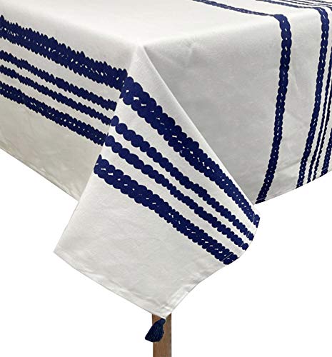 Fennco Styles Classic Chain Print 100% Cotton Tablecloth with Tassel 55" W x 55" L - Navy Blue Table Cover for Home Décor, Dining Table, Banquet, Family Gathering and Special Occasion