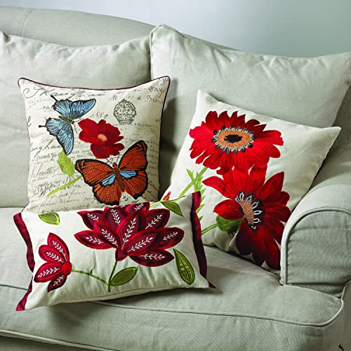 Fennco Styles Le Tournesol Embroidered Sunflower Decorative Throw Pillow, Filler Included, 18-Inch Square - Red Flower Cotton Linen Pillow for Home, Couch, Living Room and Bedroom Décor