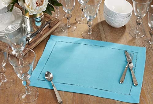 Fennco Styles Classic Hemstitch Design Table Placemats, Set of 4 – 14" W x 20" L Turquoise Table Mats for Home Décor, Dining Table, Banquets, Holidays and Special Occasions