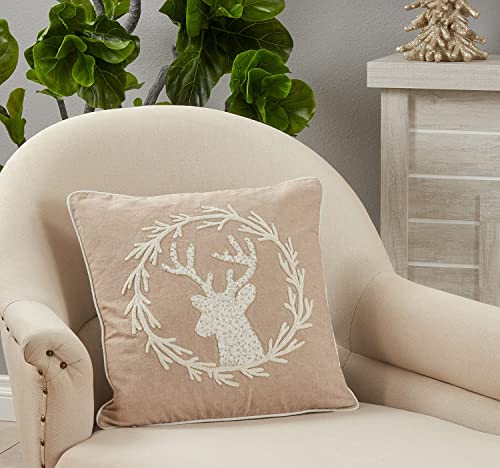 Fennco Styles Hand Beaded & Embroidered Wreath Reindeer Cotton Decorative Throw Pillow 18"W x 18"L – Natural Holiday Cushion for Home, Couch, Sofa, Bedroom, Office, Christmas Décor and Special Occasion