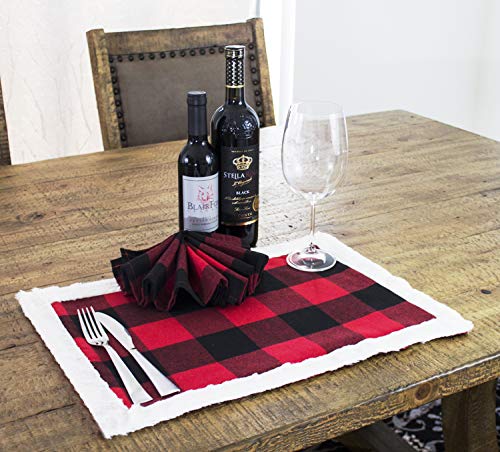 Fennco Styles Holiday Buffalo Plaid Red and Black with White Faux Fur Border Design Table Runner 16" W x 72" L