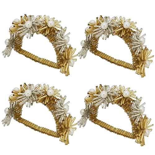 Fennco Styles Hand Beaded Flower Metal Napkin Rings, Set of 4 - Glass Beads Napkin Holders for Christmas, Home, Dining Room, Banquet, Family Gathering, Holiday and Special Occasion