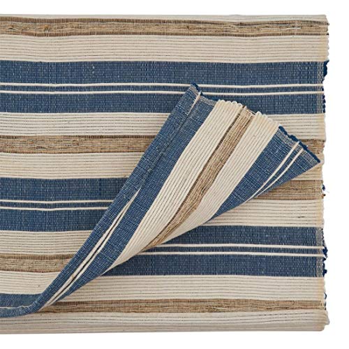 Fennco Styles Modern Water Hyacinth Woven Striped Table Runner - Blue Ivory Table Cover for Home Décor, Dining Table, Banquets, Holiday and Special Events