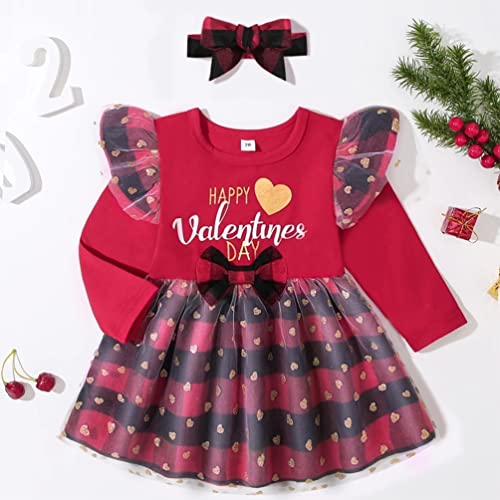 stylesilove Infant Baby Girls Long Sleeve Valentine's Day Glitter Love Heart Tulle Plaid Ruffle Dress & Headband 2pcs Outfit