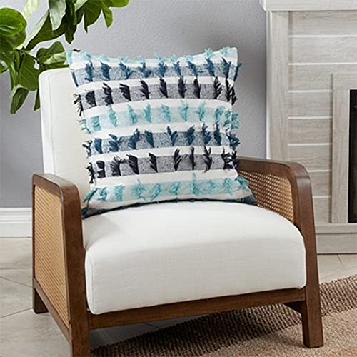 Fennco Styles Boho Striped Fringe Cotton Decorative Throw Pillow 20" W X 20" L – Blue Textured Cushion for Couch, Sofa, Bedroom, Office and Living Room Décor