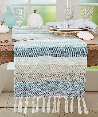 Fennco Styles Summer Striped Fringe Table Runner 16" W x 72" L - Aqua Cotton Blend Table Cover for Home Décor, Dining Table, Banquets, Family Gathering and Special Events