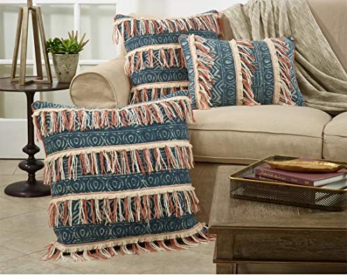Fennco Styles Bohemian Block Print Embroidered Fringe Design Decorative Throw Pillow Cover 28 x 28 Inch - Blue Cotton Pillow Case for Home, Couch, Bedroom Décor and Special Occasion