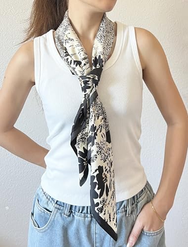 stylesilove Women Floral Print Silk Like Scarf Square Neckerchief Soft Bandana Small Shawl Neck Wraps for All Season