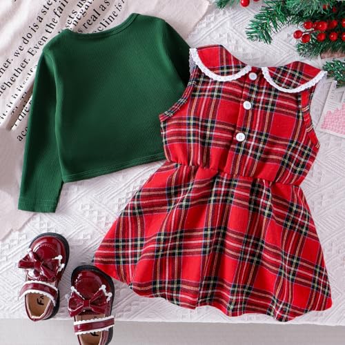 stylesilove Baby Toddler Girls Red Sleeveless Christmas Plaid Dress and Green Cardigan 2pcs Winter Holiday Dressy Outfit