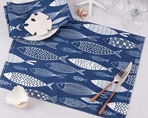 Fennco Styles Fish Print Coastal Table Runner 16" W x 70" L - Navy Blue Sea Life Rectangle Table Cover for Home, Dining Table Décor, Banquets, Family Gatherings, Everyday Use and Special Occasions
