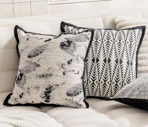 Fennco Styles Art Style Leaf Feather Design Jacquard Throw Pillow Cover 18" W X 18" L – Black Woven Square Cushion Case for Couch, Sofa, Bedroom, Office and Living Room Décor