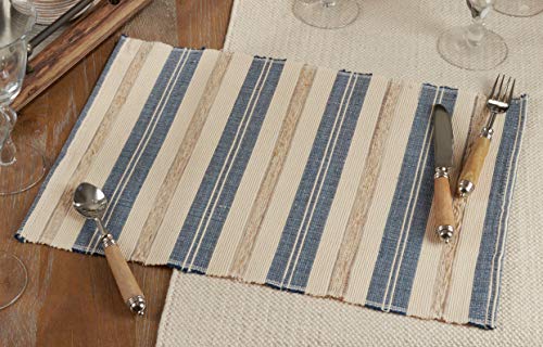 Fennco Styles Modern Water Hyacinth Woven Striped Table Runner - Blue Ivory Table Cover for Home Décor, Dining Table, Banquets, Holiday and Special Events