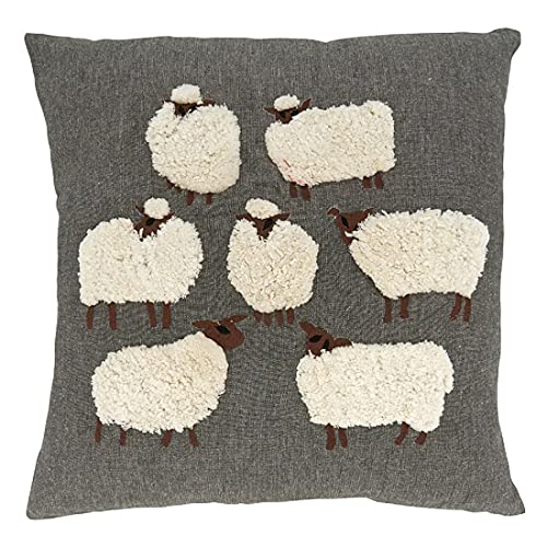 Fennco Styles Embroidered Sheep Cotton Decorative Throw Pillow 18" W x 18" L - Grey Animal Cushion for Home, Couch, Living Room and Office Décor (Natural, Pillow Cover)