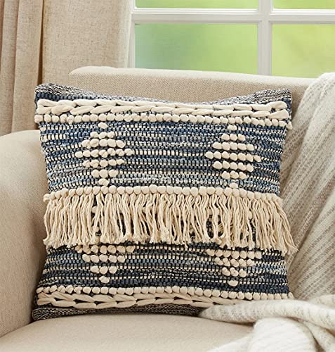 Fennco Styles Diamond Fringe Chindi Cotton Decorative Throw Pillow 18" W x 18" L - Blue Square Cushion for Home, Couch, Living Room, Bedroom, Office and Holiday Décor