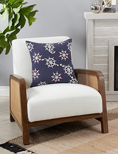 Fennco Styles Nautical Helm Wheel & Rope Appliqué Cotton Decorative Throw Pillow 18" W x 18" L – Navy Blue Coastal Cushion for Couch, Sofa, Bedroom, Office and Living Room Décor