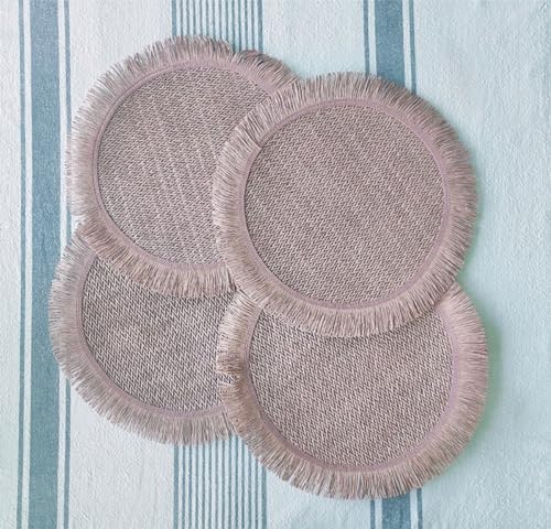 Fennco Styles Woven Round Fringe Solid Color Placemats 14" Round, Set of 4