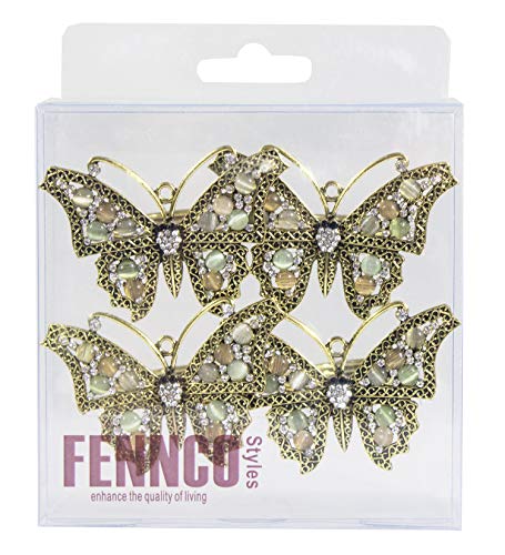 Fennco Styles Decorative Bejeweled Design Butterfly Metal Napkin Rings, Set of 4 - Silver Napkin Rings for Family Dinner, Theme Party, Wedding, Special Event and Home Décor
