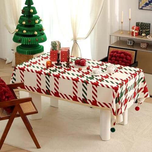 Fennco Styles Red and Green Holiday Plaid Pom Pom Christmas Tablecloth - Cotton Blend Festive Table Cover for Winter Holidays, Banquets, Family Gatherings and Special Occasions