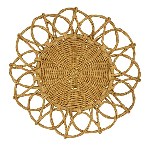 Fennco Styles Hand Twisted Rattan Placemat 15" Round, 1- Piece - Caramel Boho Flower Table Mats Heat Resistant Insulation for Home, Boho Décor, Dining Table, Banquets, Special Events