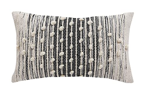 Fennco Styles Handwoven Striped Pom Pom Cotton Wool Decorative Throw Pillow 18" W x 18" L - Black & White Textured Cushion for Home, Couch, Bedroom, Living Room and Office Décor