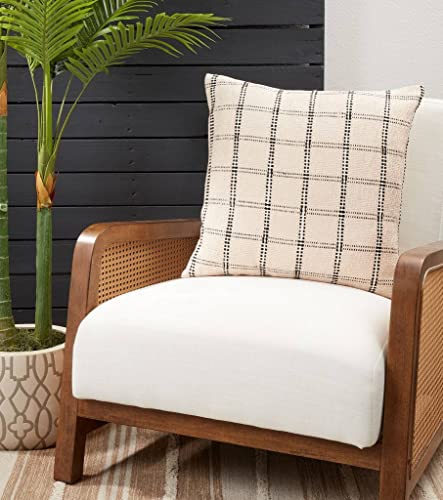 Fennco Styles Stitched Checkered Cotton Decorative Throw Pillow 20" W x 20" L - Natural Woven Square Cushion for Home, Couch, Living Room, Bedroom, Office and Holiday Décor