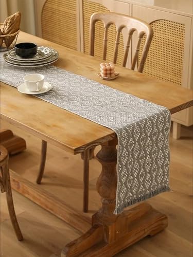 Fennco Styles Modern Diamond Woven Table Runner 14" W x 72" L - Ivory Geometric Fringe Table Mats for Dining Room, Banquets, Family Gatherings, and Holidays