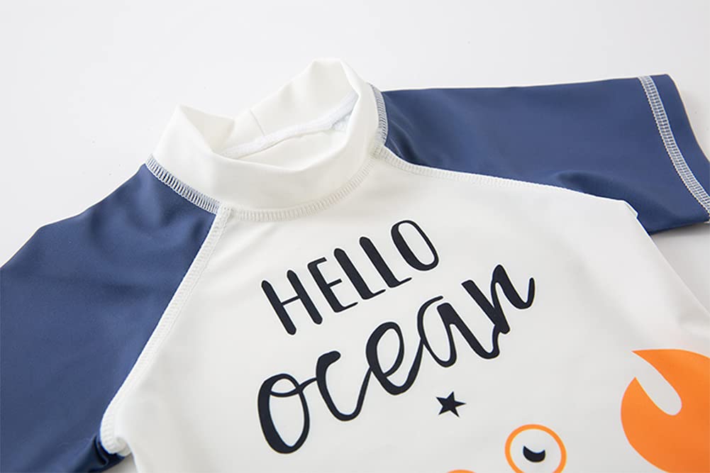 Styles I Love Kid Boys Hello Ocean & Crab Short Sleeve Rash Guard Set and Hat 3pcs White Swimsuit Beach Bathing Suit