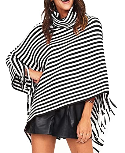 stylesilove Women Autumn Winter Knit Striped Turtleneck Fringe Poncho Pullover Shawl Warm Soft Wrap Lightweight Cape