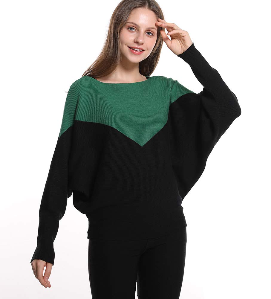 Styles I Love Women Autumn Winter Two-Tone Boat Neck Batwing Sleeve Pullover Knitted Sweater Long Sleeve Loose Top