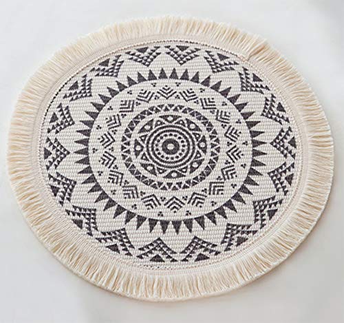Fennco Styles Boho Mandala Fringe Decorative Cotton Placemats 13-inch Round, Set of 4 - Grey Heat Resistant Insulation Table Mats for Home Decor, Dining Table, Banquets and Special Events