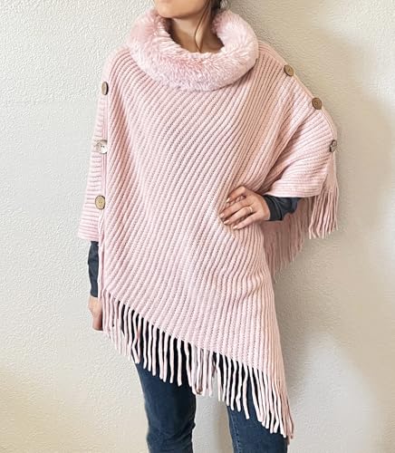 stylesilove Women Solid Knitted Faux Fur Collar Poncho with Fringe Pullover Cardigan Soft Wrap for Fall Winter Seasons