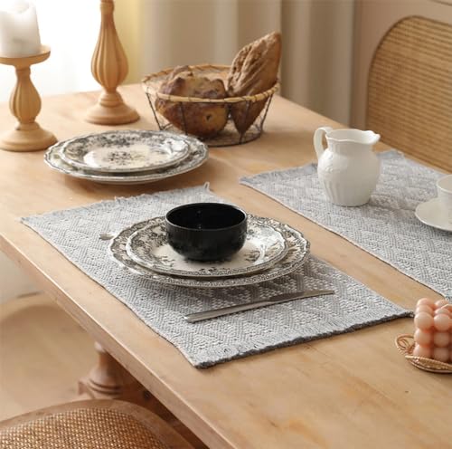 Fennco Styles Modern Diamond Woven Placemats 12" W x 19" L, Set of 4 - Grey Geometric Fringe Table Mats for Dining Room, Banquets, Family Gatherings, and Holidays