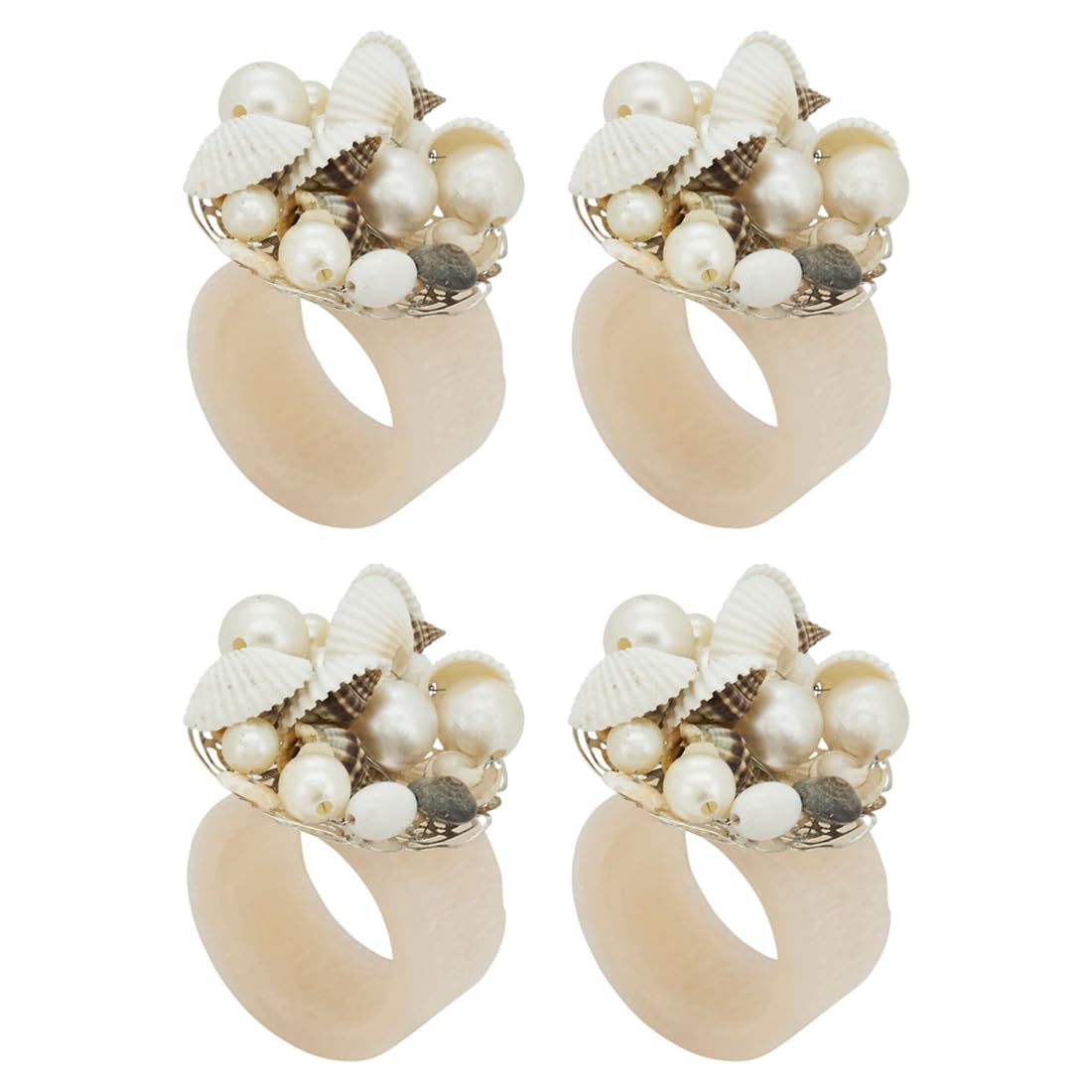 Fennco Styles Beaded Seashell Design Decorative Napkin Rings, Set of 4 - Ivory Charming Seaside Napkin Holders for Home, Dining Table, Banquets Décor, Weddings and Special Occasions