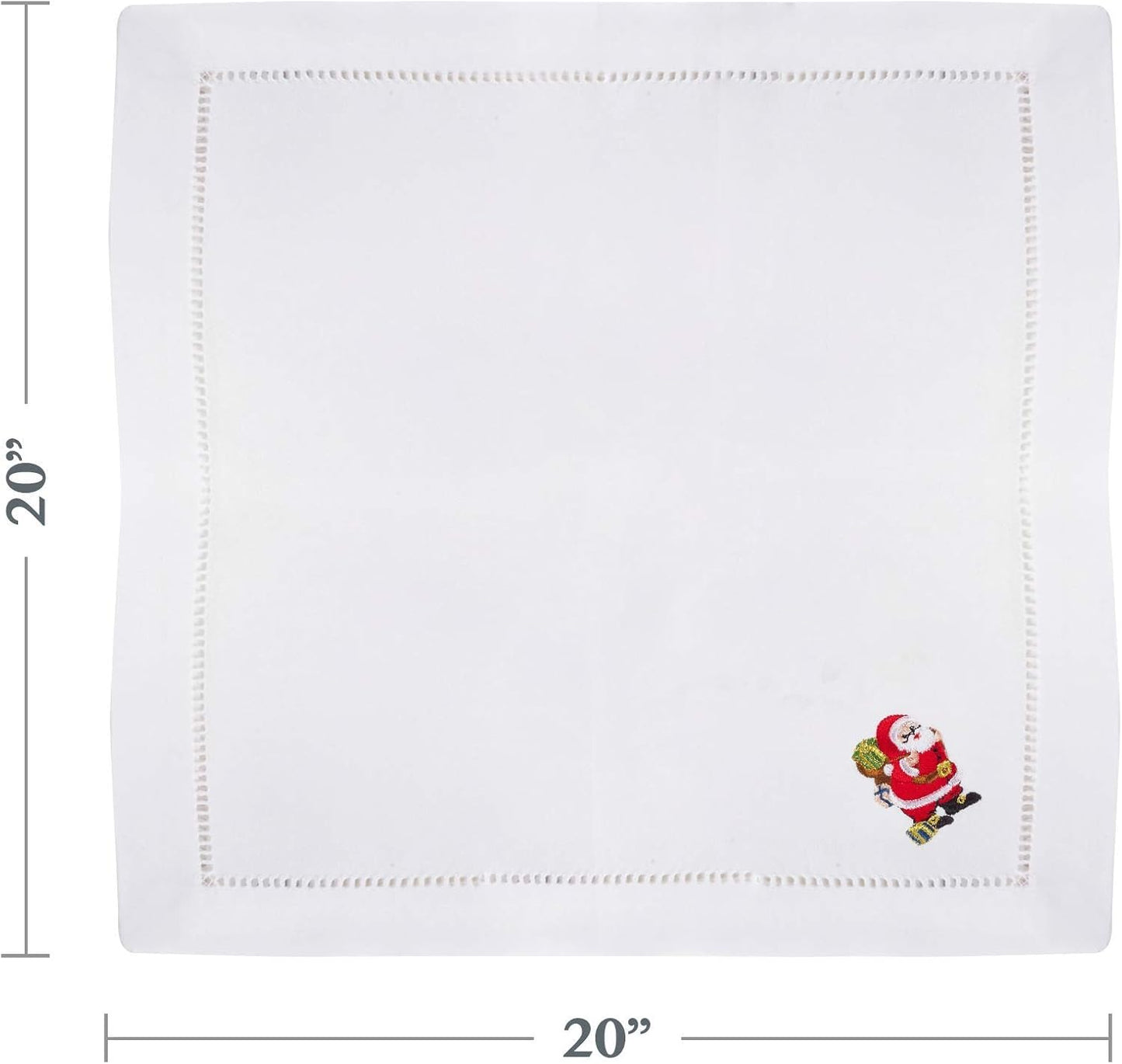 Fennco Styles Linen Cotton Hemstitched and Embroidered Santa Claus Christmas Cloth Napkins, 20-inch Square, Set of 4