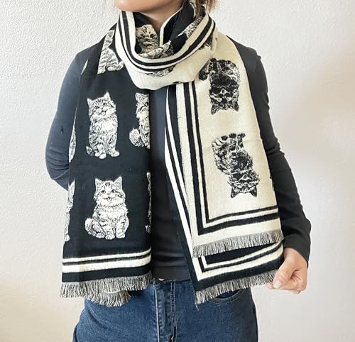 stylesilove Women Cute Kitten Print Cashmere Scarf Warm Ultra Soft Fringe Scarves Shawl Neck Wraps for Autumn and Winter