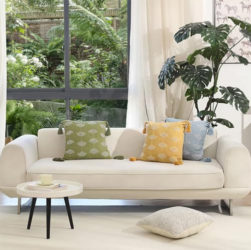 Fennco Styles Hand Beaded Embroidery Ginkgo Leaf Throw Pillow with Tassel 18" W x 18" L - Green Leaves Cotton Cushion for Home, Couch, Living Room, Bedroom and Office Décor