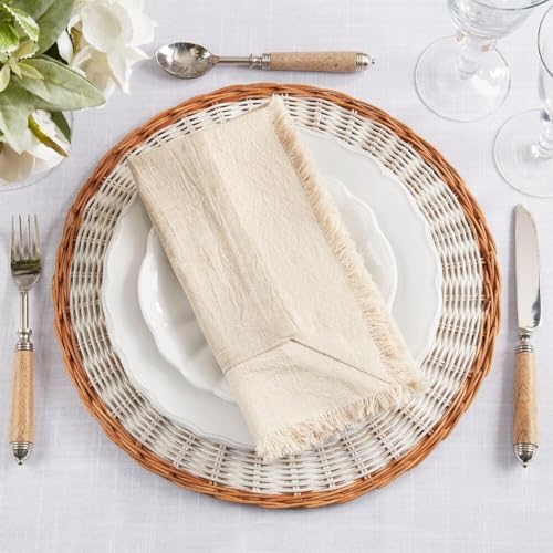 Fennco Styles Double-Layer Fringe Cotton Blend Cloth Napkins 20" W X 20" L, Set of 4 - Natural Dinner Napkins for Home, Dining Table Décor, Family Gathering, Banquets and Special Events
