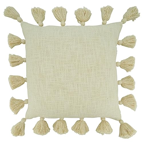 Fennco Styles Natural Chunky Tassel Cotton Decorative Throw Pillow Cover 20" W X 20" L – Solid Color Textured Bohemian Cushion Case for Couch, Sofa, Bedroom, Office and Living Room Décor