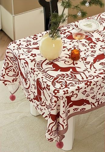 Fennco Styles Red Deer and Floral Pom Pom Christmas Tablecloth - Cotton Blend Festive Table Cover for Winter Holidays, Banquets, Family Gatherings and Special Occasions