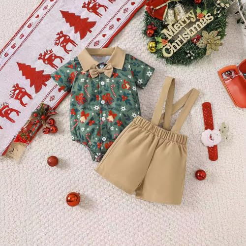 stylesilove Infant Baby Boy Green Christmas Printed Short Sleeve Bodysuit and Suspender Shorts 2pcs Holiday Xmas Outfit