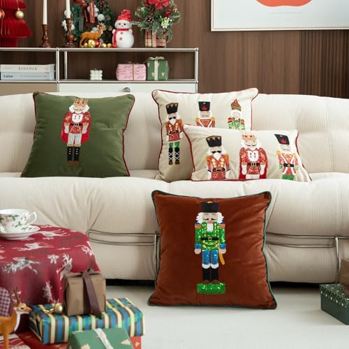 Fennco Styles Embroidered Sequin Nutcracker Velvet Throw Pillow Cover 18" W x 18" L - Green Festive Cushion Case for Home, Christmas, Winter Holidays Décor, and Special Occasions