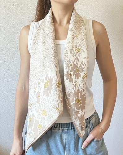 stylesilove Women Floral Print Silk Like Scarf Square Neckerchief Soft Bandana Small Shawl Neck Wraps for All Season