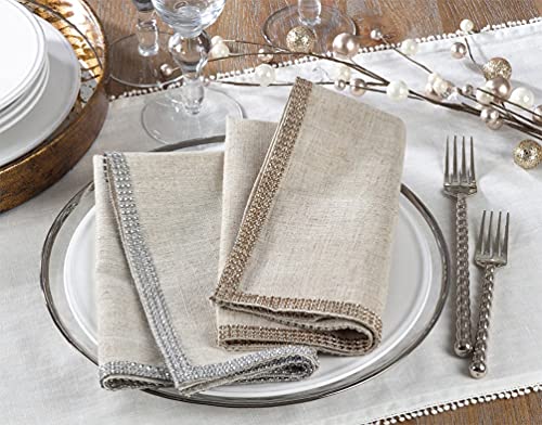 Fennco Styles Elegant Lily Collection Studded Design Cloth Napkins 20" W x 20" L, Set of 4 - White Rhinestone Dinner Napkins for Dining Table, Banquets, Family Gathering and Special Occasion