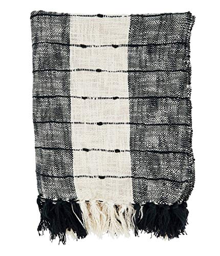 Fennco Styles Striped Tassel Cotton Throw Blanket 50" W x 60" L – Black & White Woven Blanket for Couch, Bedroom and Living Room Décor