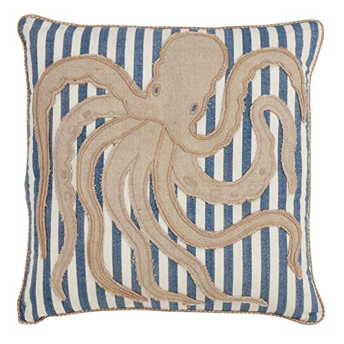 Fennco Styles Nautical Sea Creatures 18 Inch Square Cotton Down Filled Decorative Throw Pillow – Striped Navy Blue Cushion for Couch, Sofa, Bedroom, Office and Living Room Décor