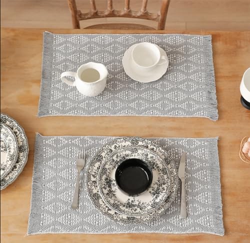 Fennco Styles Modern Diamond Woven Placemats 12" W x 19" L, Set of 4 - Grey Geometric Fringe Table Mats for Dining Room, Banquets, Family Gatherings, and Holidays