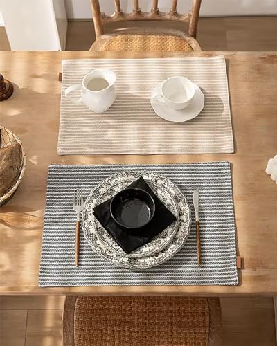 Fennco Styles Striped Two-Side Use Reversible Placemats 13" W X 19" L, Set of 4 - Ivory Woven Table Mats for Home, Dining Table, Banquets, Holidays and Special Occasions