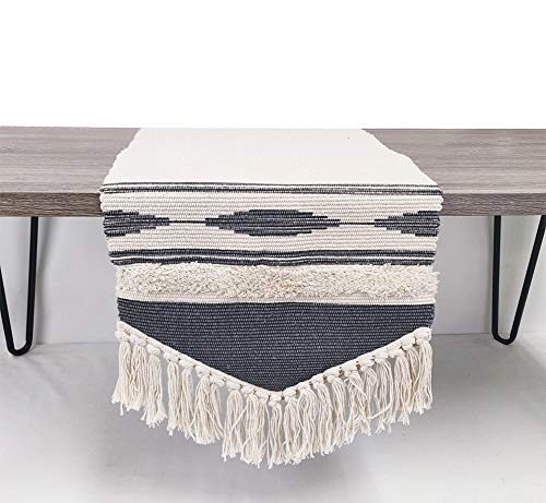 Fennco Styles Geometric Design Canvas Cotton Table Runner with Tassels – 14”W x 71”L Table Cover for Home Décor, Dining Table, Banquets, Holidays and Special Occasions