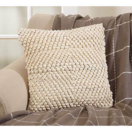 Fennco Styles Knotted Design Down Filled 18 Inch Square Cotton Decorative Throw Pillow – Ivory Boho-Chic Cushion for Couch, Sofa, Bedroom, Office and Living Room Décor