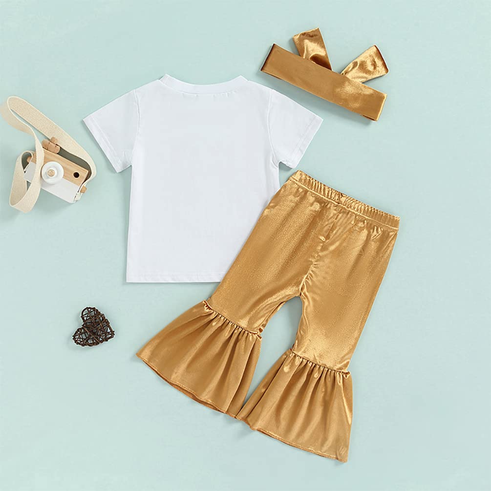 stylesilove Toddler Kid Girls It's All Gravy Baby Short Sleeve Tee & Flare Pants & Headband 3pcs Gold Outfit